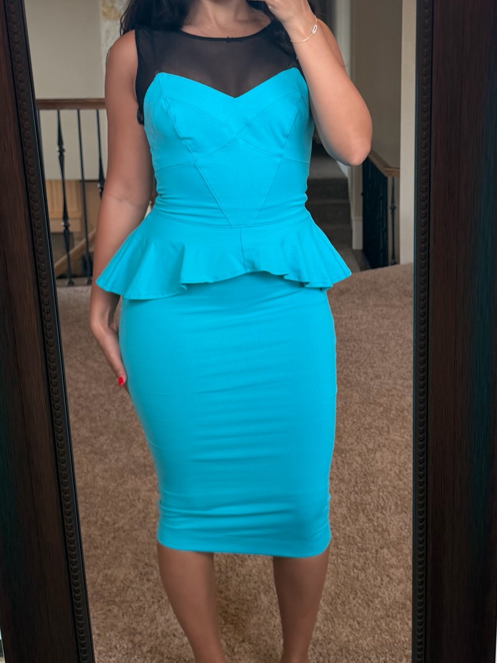 bebe Turquoise Peplum Midi Dress with Black Mesh Yoke